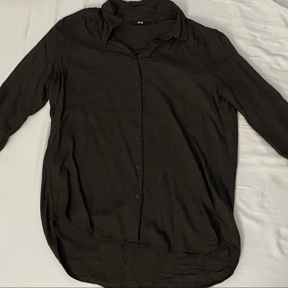 Uniqlo S rayon olive long sleeve button down top - Picture 3 of 6